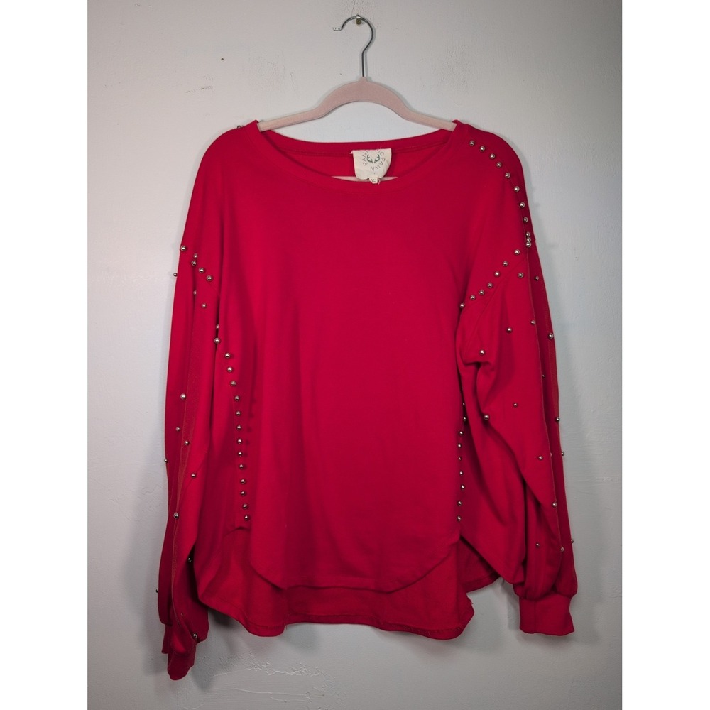 Fantastic Fawn Womens Top Large Red Tunic Studded Balloon Sleeve